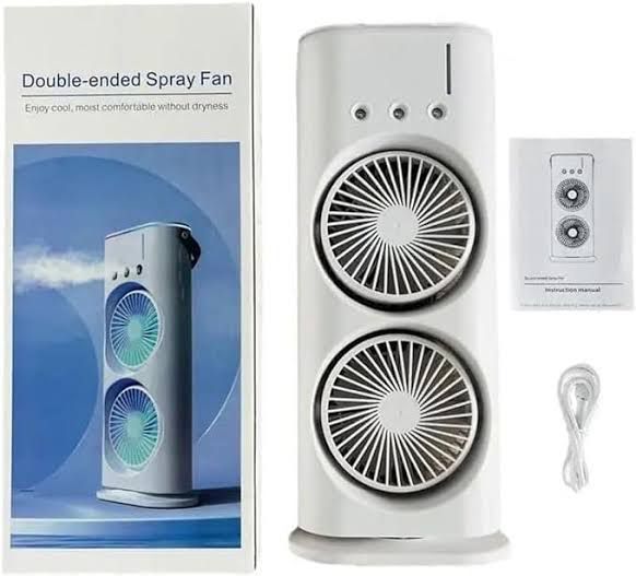 Double-Ended Spray Water Mist Fan – Dual Fan Cooling with 90° Rotation, RGB Lights, and Strong Brushless Motor – USB Powered Desktop Air Cooler