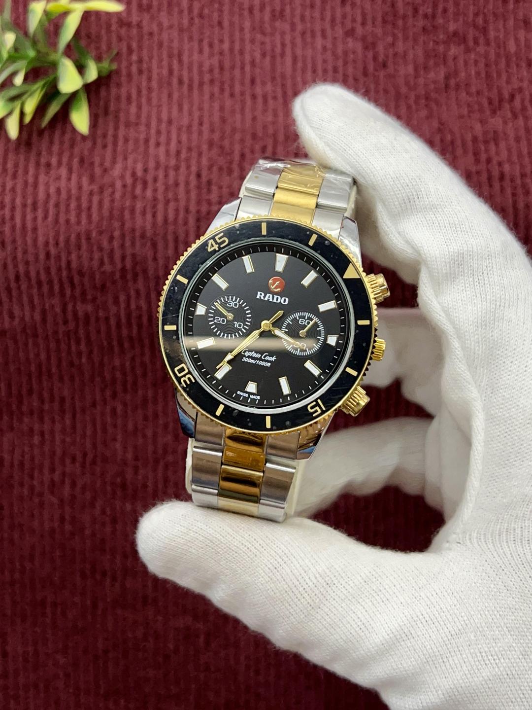 Stainless Steel Chronograph Watch Black Dial Gold Strap _M