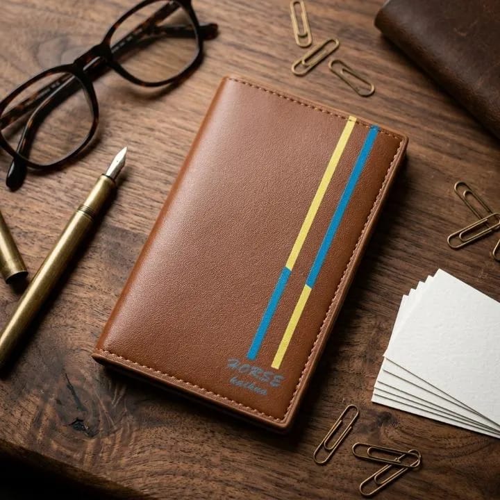 Men's Leather Bi-Fold Wallet with Blue &amp; Gold Stripe  _M