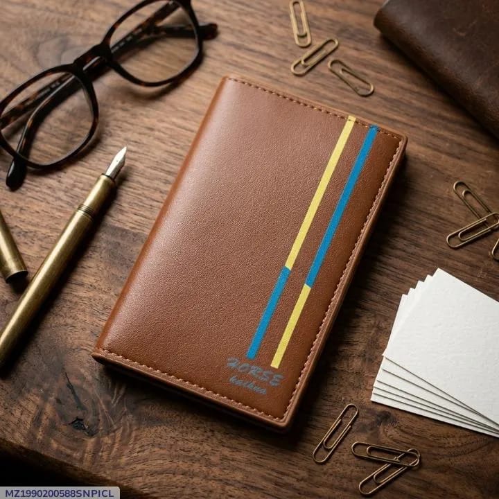 Men's Leather Bi-Fold Wallet with Blue &amp; Gold Stripe  _M