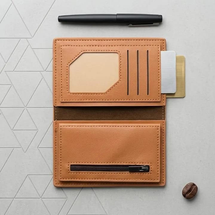 Men's Leather Bi-Fold Wallet with Blue &amp; Gold Stripe  _M