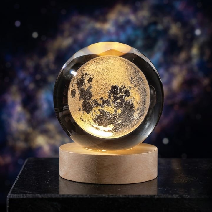 3D Galaxy Crystal Ball Lamp with Wooden LED Base – Decorative Night Light (Only Moon Shape)